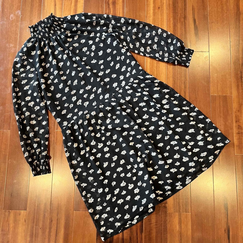 Madewell‎ Black Dress Floral Print Long Sleeve Ruffled Shoulder Detail Womens XS